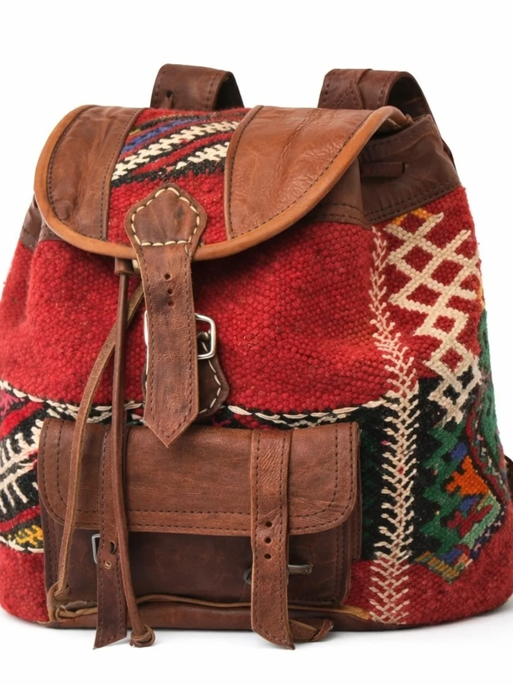 Handmade Moroccan Kilim Leather Backpack Red Southwestern Tribal Boho Rucksack - Picture 1 of 15